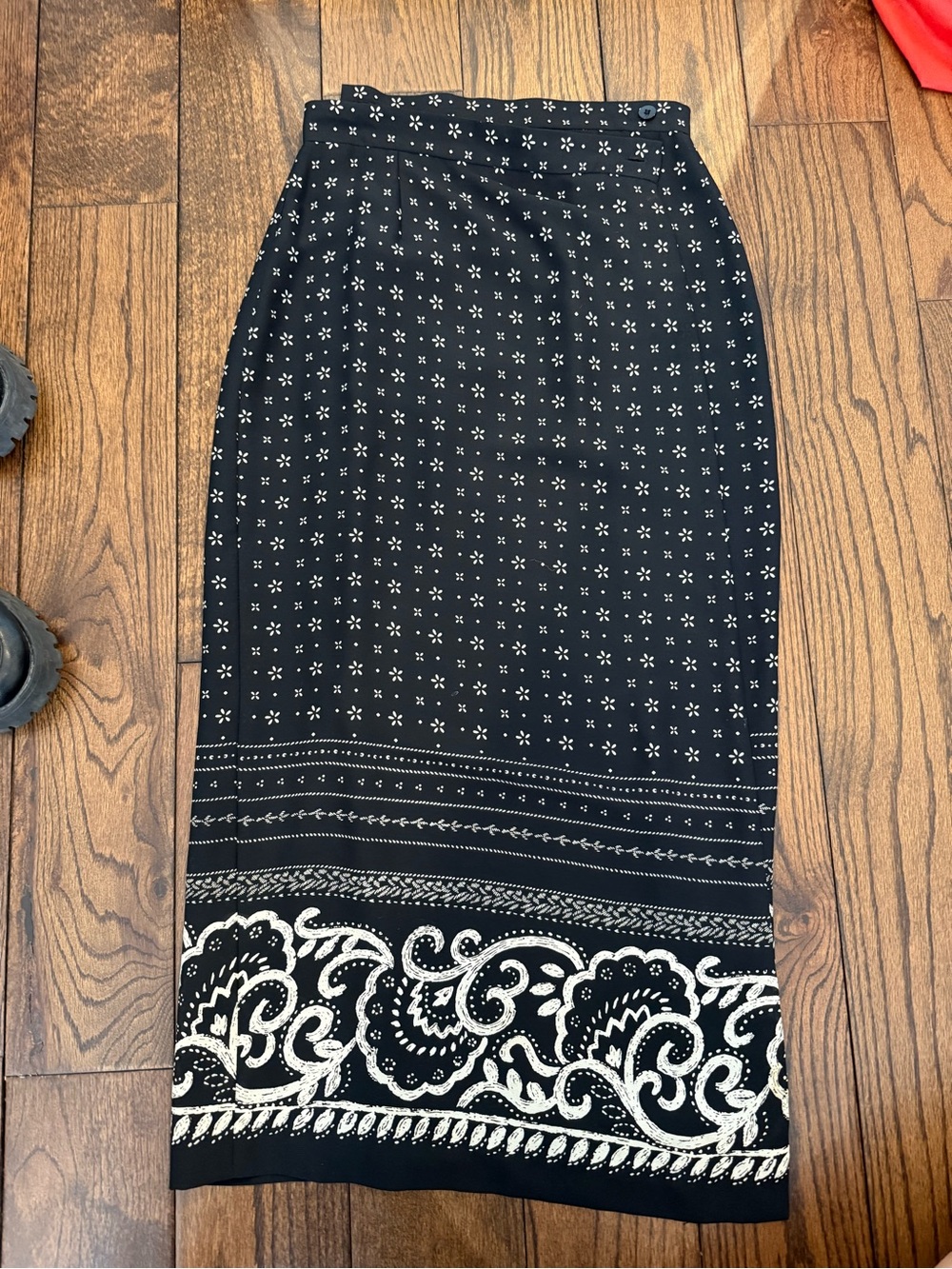Black Midi Skirt with White Border Print